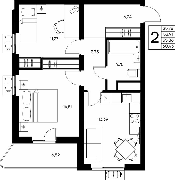 Семейная квартира · 60,43 м²