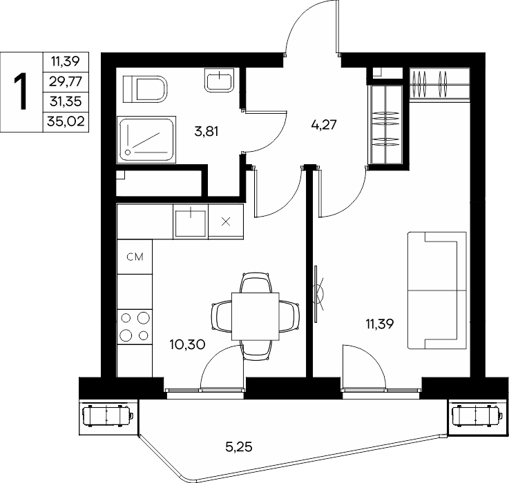 1-комнатная квартира · 35,02 м²