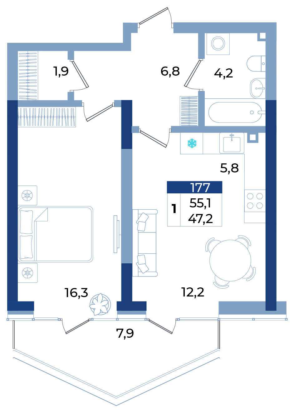 Апартамент · 55,1 м²